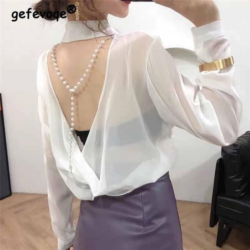 Top Trends: Korean Fashion Chiffon Turn Down Collar Black White Sunscreen Blouse Women Sexy Backless See Through With Beads Button Up Shirts Shoppable Styles