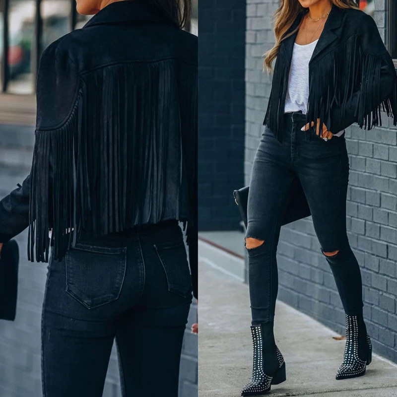 Top Trends: Fringed Bomber Jacket Women Spring Fashion Long Sleeve Turn-down Collar Open Stitch Slim Jackets Shoppable Styles