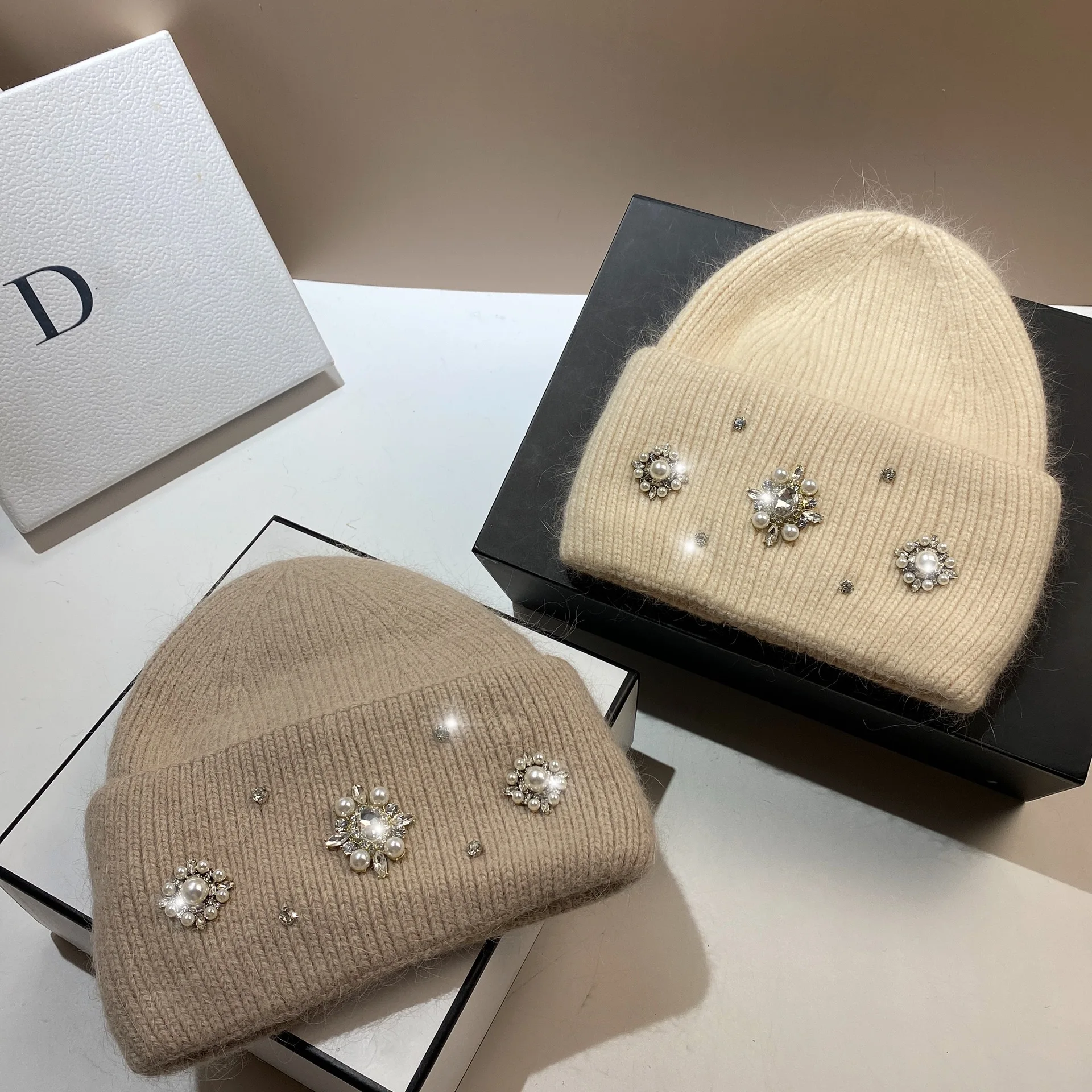 Top Trends: Designer Brand Women Luxury Rhinestones Knitted Hat Autumn Winter Rabbit Fur Beanie Cap Female Thicken Warm Skullies Caps Shoppable Styles - Image 3