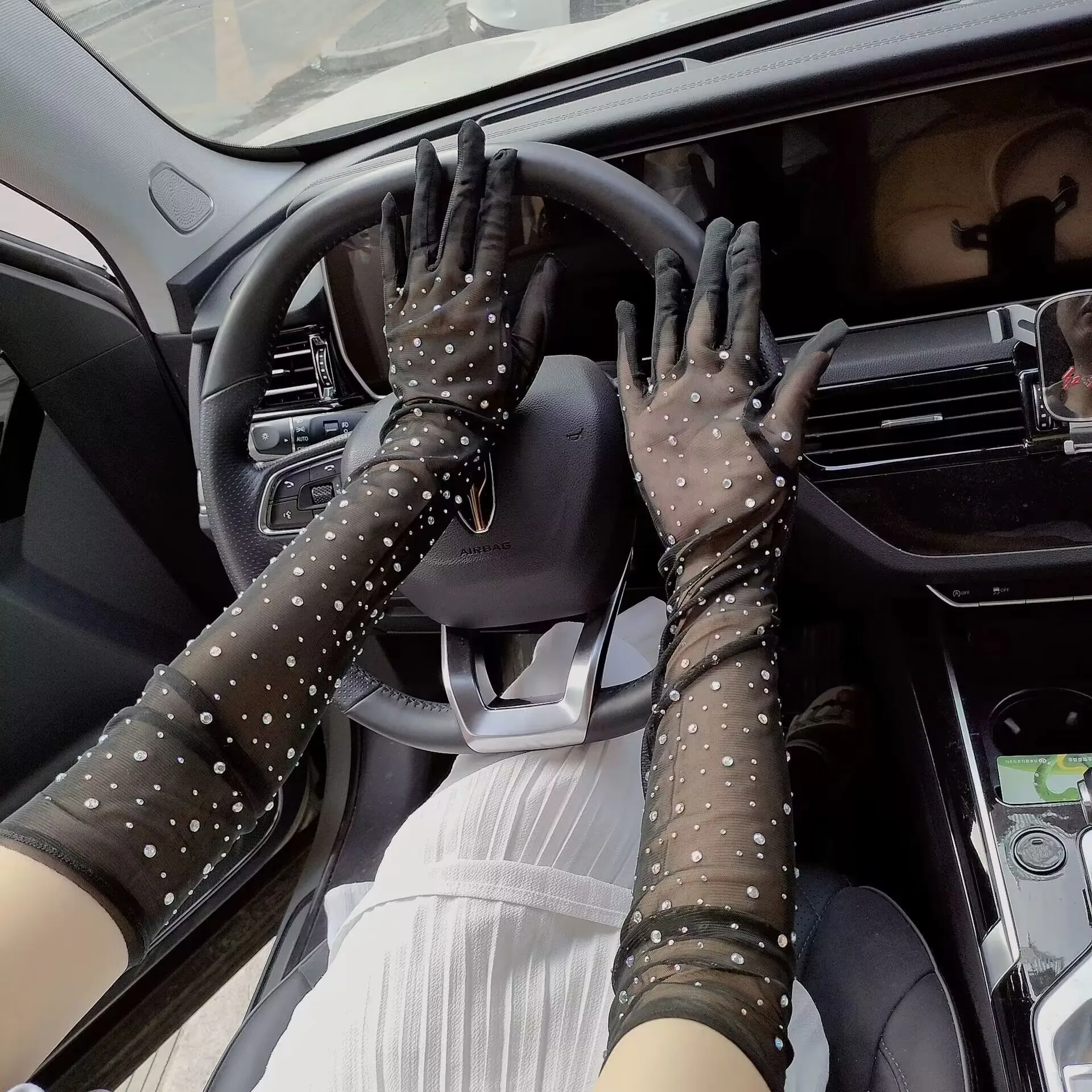 Top Trends: Sexy Black Lace Hand Gloves For Women Suncreen Mesh Long Driving Gloves With Rhinestones Valentine Day Halloween Gift Shoppable Styles