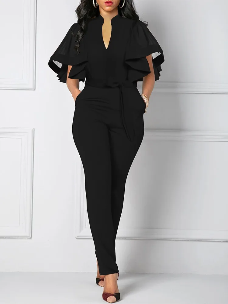 Top Trends: Jumpsuit Women Elegance Mesh Petal Sleeve Lace Up Jumpsuit One Fashion Casual Pieces For Women Elegant Female Monos Mujer Shoppable Styles