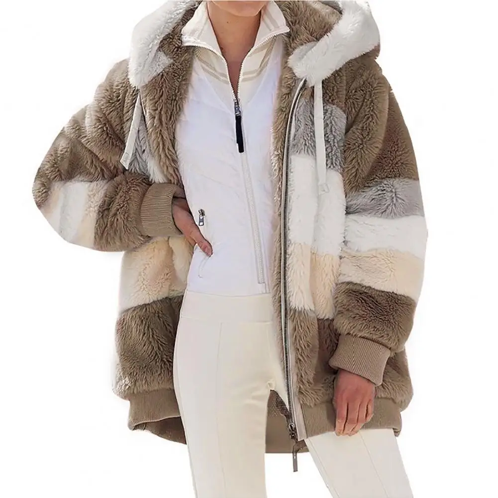 Top Trends: Women Winter Coat Warm Patchwork Zipper Pocket Stitching Hooded Faux Fur Long Sleeves Cardigan Furry Slim Lady Fleece Jacket Shoppable Styles - Image 2