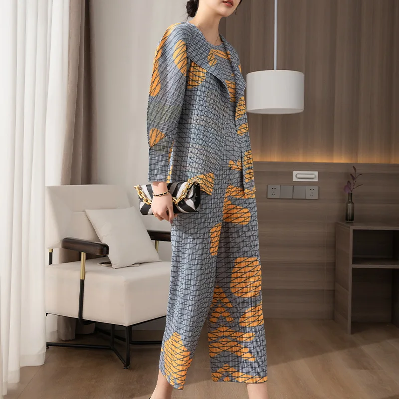 Top Trends: 2023 Spring Autumn New Miyake Pleated Women's Suit Three-Piece Printed Loose Coat Top Wide Leg Pants Plus Size Suit For Women Shoppable Styles