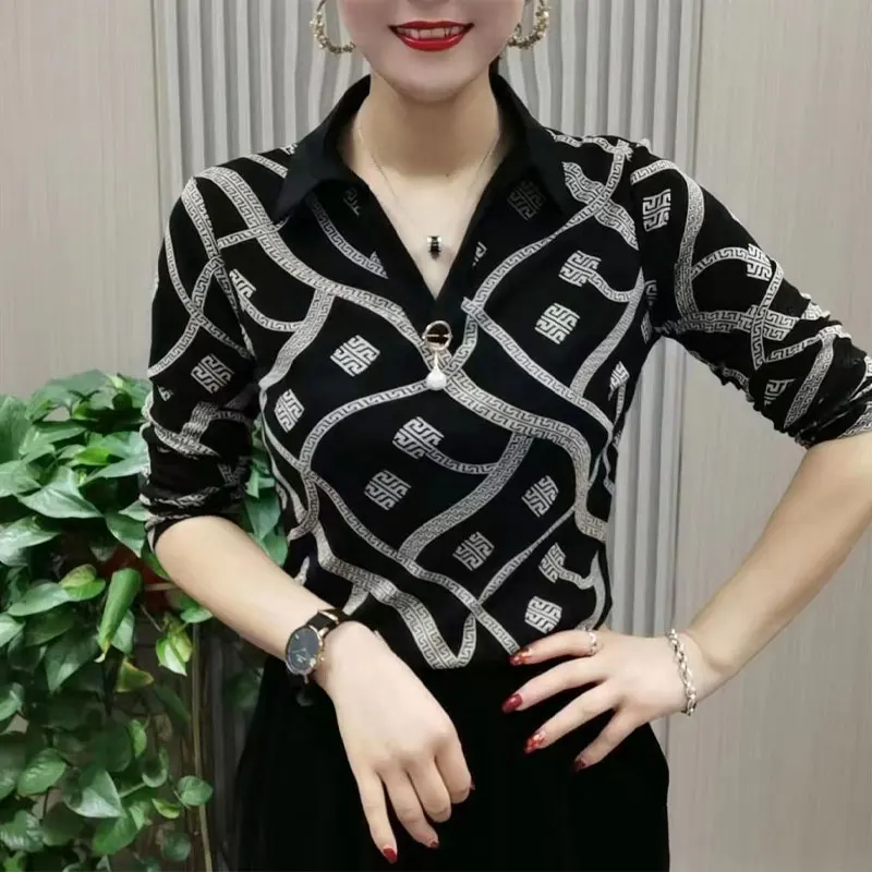 Top Trends: Commute Printed Fashion Polo-Neck Blouse Chic Pearl Three-dimensional Decoration Spring Autumn New Korean Women&#039;s Clothing Shirt Shoppable Styles