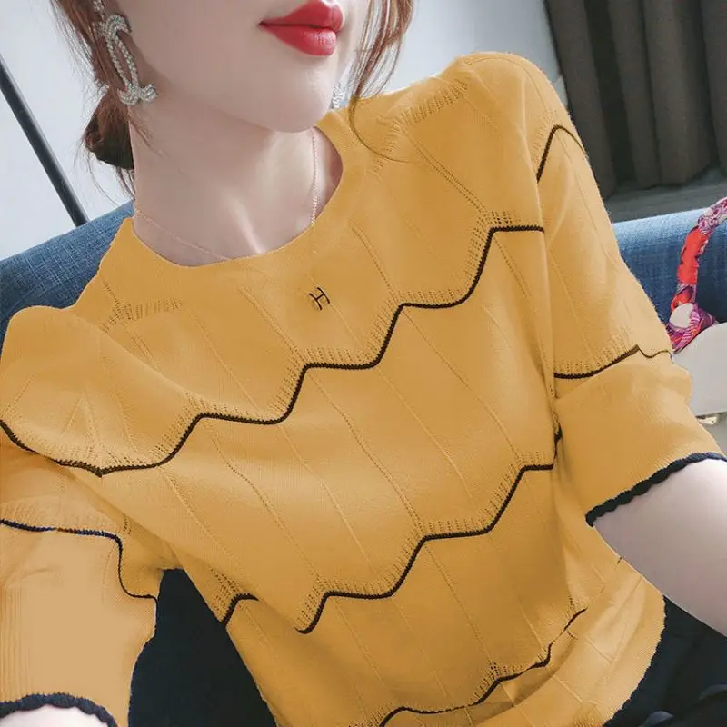 Top Trends: Fashion O-Neck Knitted Spliced Loose Striped Blouse Women's Clothing 2023 Spring New Casual Pullovers Short Sleeve Korean Shirt Shoppable Styles - Image 5