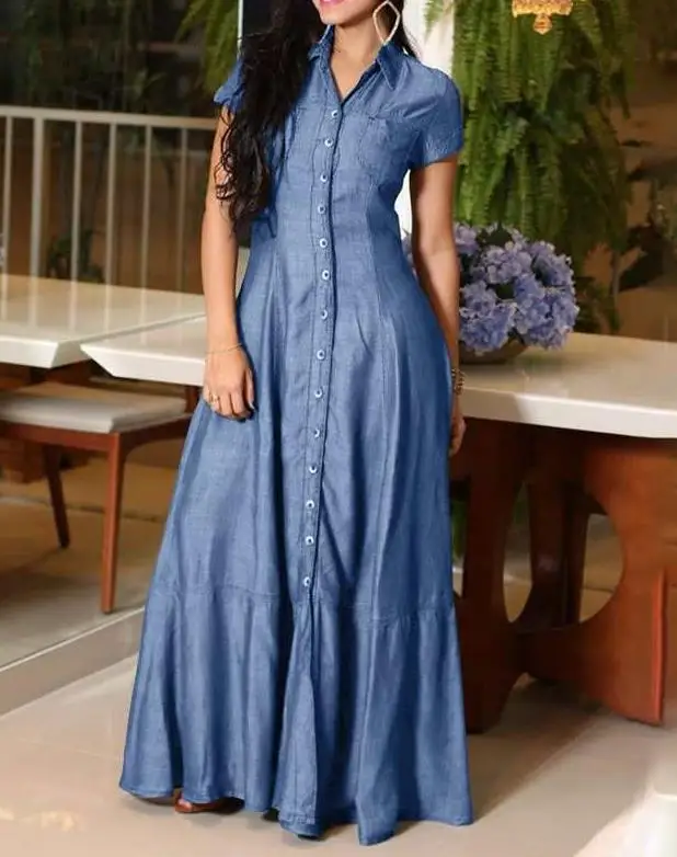 Top Trends: Womens Dresses 2023 Summer Fashion Solid Color Lapel Short Sleeve Daily Swing Single-Breasted Denim Maxi Shirt Dress Shoppable Styles