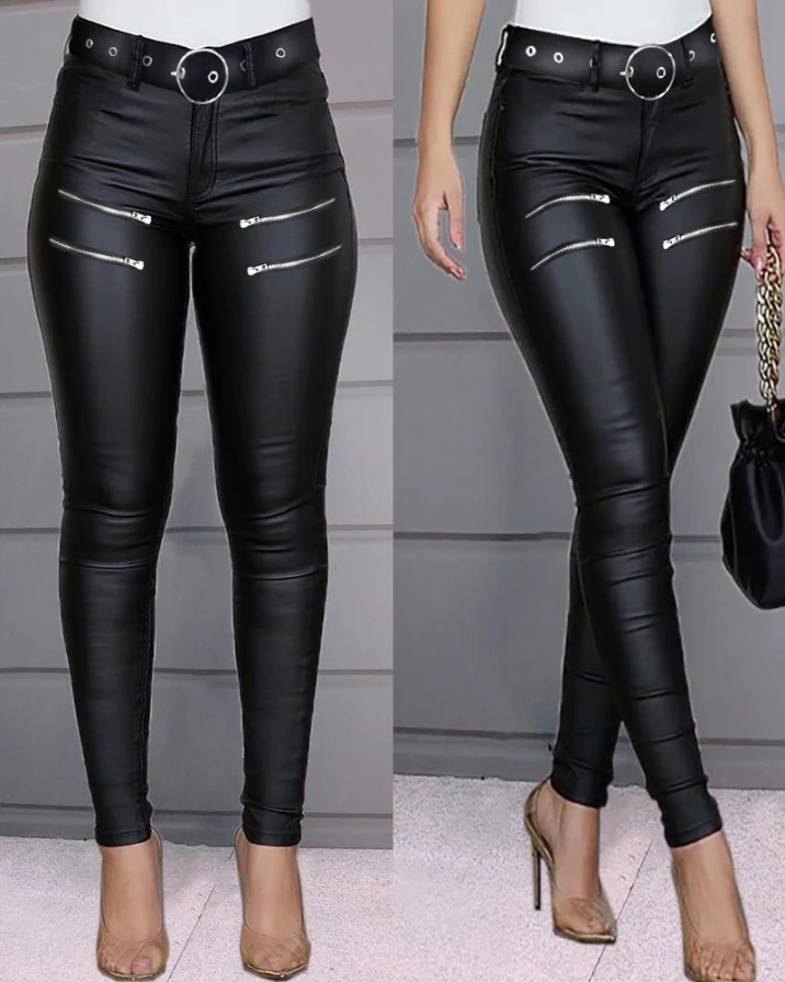 Top Trends: Women&#039;s Long Pant 2023 Zipper Design High Waist Pu Leather Skinny Pants Autumn Winter All Match Pencil Leather Pants Shoppable Styles