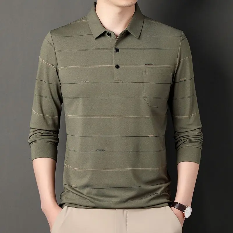 Top Trends: Fashion Men Long Sleeve Stripe Polo Shirts Spring Autumn Thin Male Clothes Business Casual Button Pockets Korean Pullover Tops Shoppable Styles