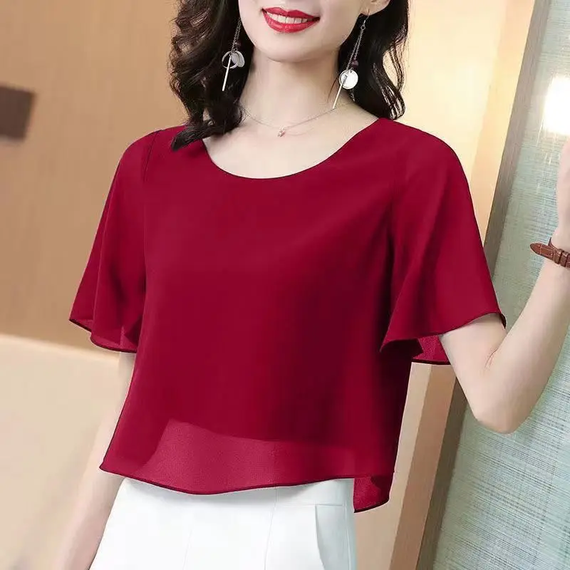 Top Trends: Elegant Solid Color Loose Fake Two Pieces Blouse Women Clothing 2023 Summer New Casual Pullovers Office Lady Chiffon Shirt Shoppable Styles