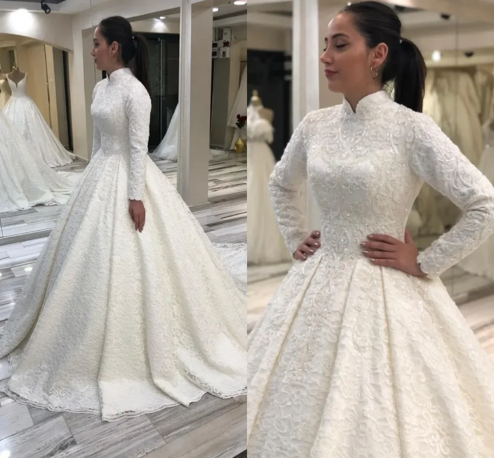 Top Trends: Gorgeous White Wedding Dress With High Neck Long Sleeve Lace Applique Beaded Pearl Floor-length Bridal Gown For Women Shoppable Styles