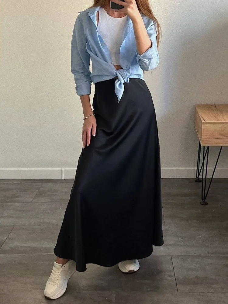 Top Trends: Tossy Black Satin High Waist Maxi Skirt Women Fashion Slim Patchwork Elegant Party Long Skirt Female High Street Y2k Long Skirt Shoppable Styles