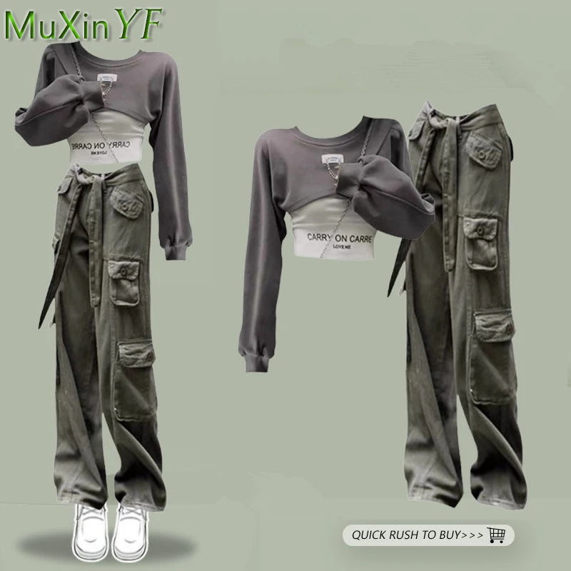 Top Trends: 2023 Spring Women's Safari Style Clothing Korean Lady Fashion Short Letter Sweatshirt Wide Leg Pants Sets Punk Streetwear Outfit Shoppable Styles