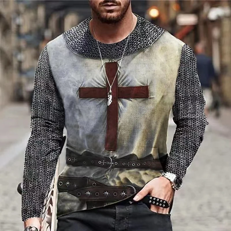 Top Trends: Vintage Print Men T-Shirts Samurai Pattern Knights Templar 3D Top Cotton Tee Streetwear Autumn Long Sleeve Oversized T Shirt 5XL Shoppable Styles