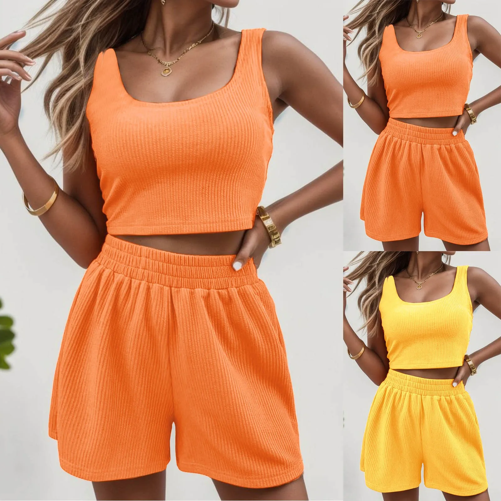 Top Trends: Orange Two Piece Outfits Women Soft Shorts Sets Light 2 Piece Sleeveless Matching Crop Top And High Waisted Beach Shorts Femme Shoppable Styles