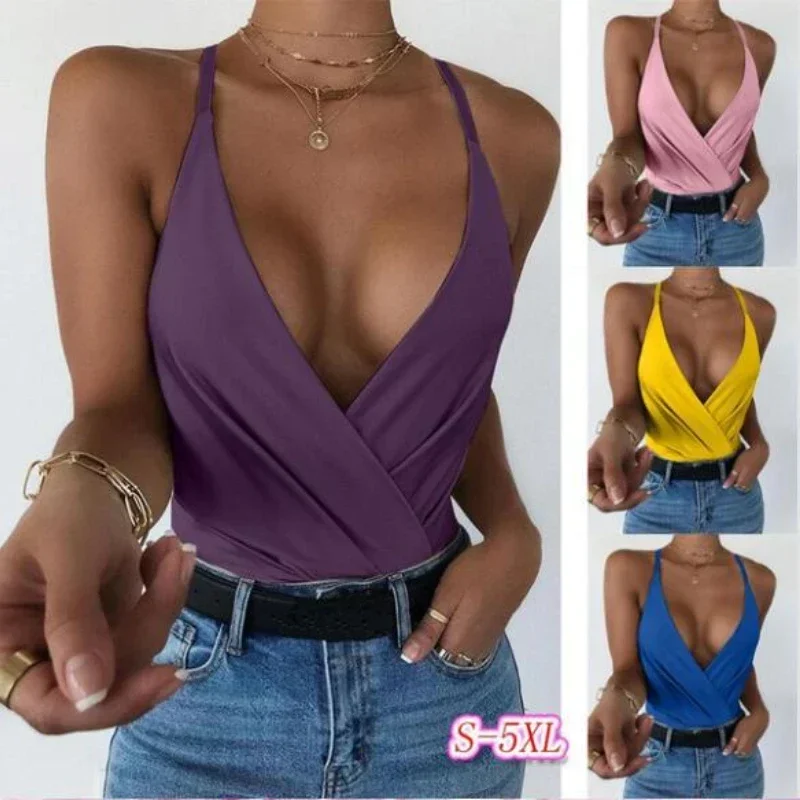 Top Trends: Sexy Plus Size Deep V Neck Cut Out Shirt Women Oversize Sleeveless Halter Bottoming Shirt Ladies Tee Shirt Tops Camisetas Mujer Shoppable Styles