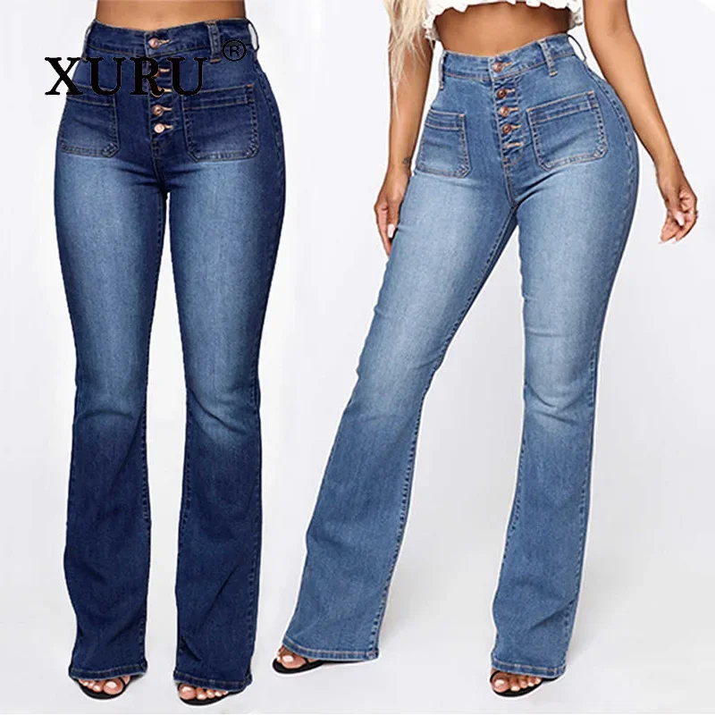 Top Trends: XURU - New European And American Button Up Patch Pocket Jeans For Women, Micro La Wash Long Pants Jeans K81-119 Shoppable Styles