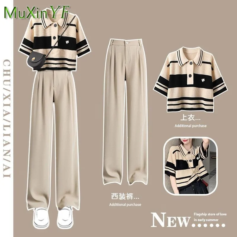 Top Trends: Women's Summer Pants Set 2024 New Vinatge Knitted Short Sleeve Top Pants Two Piece Korean Elegant Stripe Blouse Matching Set Shoppable Styles