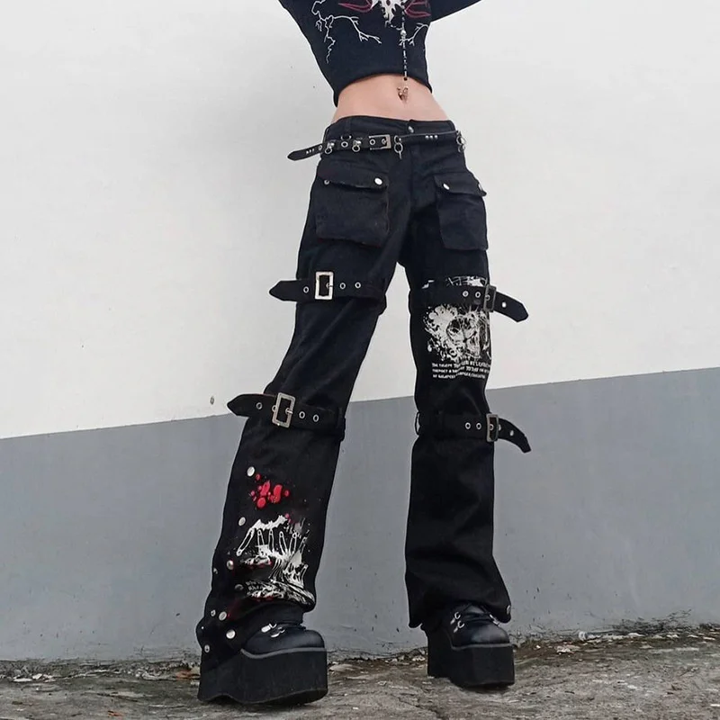 Top Trends: Gothic Punk Black Buckle New Pants Harajuku High Waist Big Pocket Trousers Goth Mall Grunge Cargo Pants Techwear Women Shoppable Styles