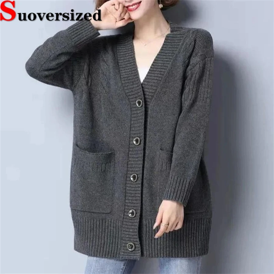 Top Trends: Oversized 5xl Knitted Cardigan Women Elegant V-neck Loose Sweater Fall Winter Knitwears Tops Casaul Long Sleeve Mid-length Coats Shoppable Styles