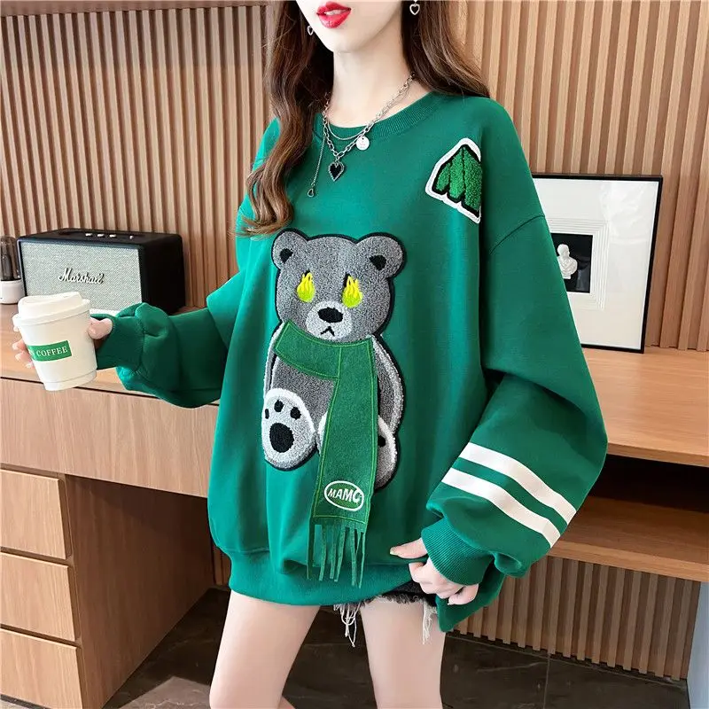 Top Trends: Fashion O-Neck Spliced Embroidery Cartoon Sweatshirts Female Clothing 2023 Autumn Winter Loose Casual Tops Korean Sweatshirts Shoppable Styles