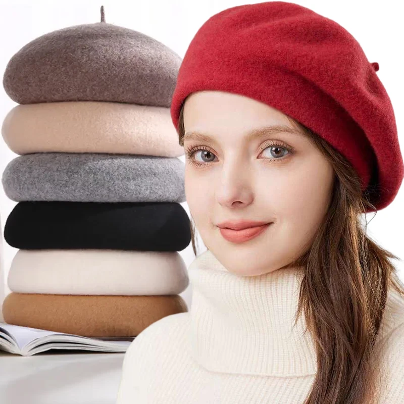 Top Trends: French Beret Artist Warm Wool Winter Beanie Hat Cap Vintage Women Girl Plain Beret Hats Solid Color Elegant Lady Winter Caps Shoppable Styles