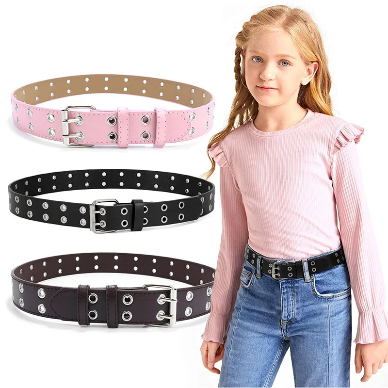 Top Trends: Punk PU Leather Belt For Child Double Holes Metal Pin Buckle Kids Waist Strap Boys Girls Jeans Pants Black Waistband Shoppable Styles