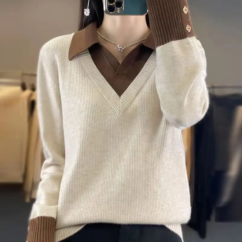 Top Trends: Fashion Women Polo Collar Contrast Sweater Korean Clothing New Spring Autumn Vintage Casual Long Sleeve Knitted Pullovers Tops Shoppable Styles