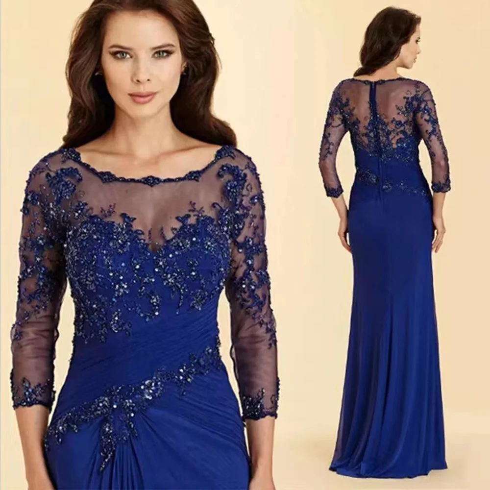 Top Trends: A-line Mother Of The Bride Dresses Elegant Blue 3 / 4 Sleeve Scoop Neck Floor Length Lace Plus Size Wedding Guest Gowns Shoppable Styles