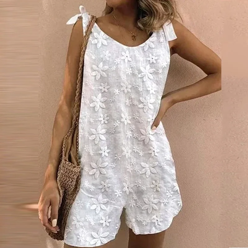 Top Trends: Women Casual Solid Lace Bow Off Shoulder Strap Jumpsuits Fashion Summer Pirnt Embroidery Romper Retro Loose Sleeveless Bodysuit Shoppable Styles