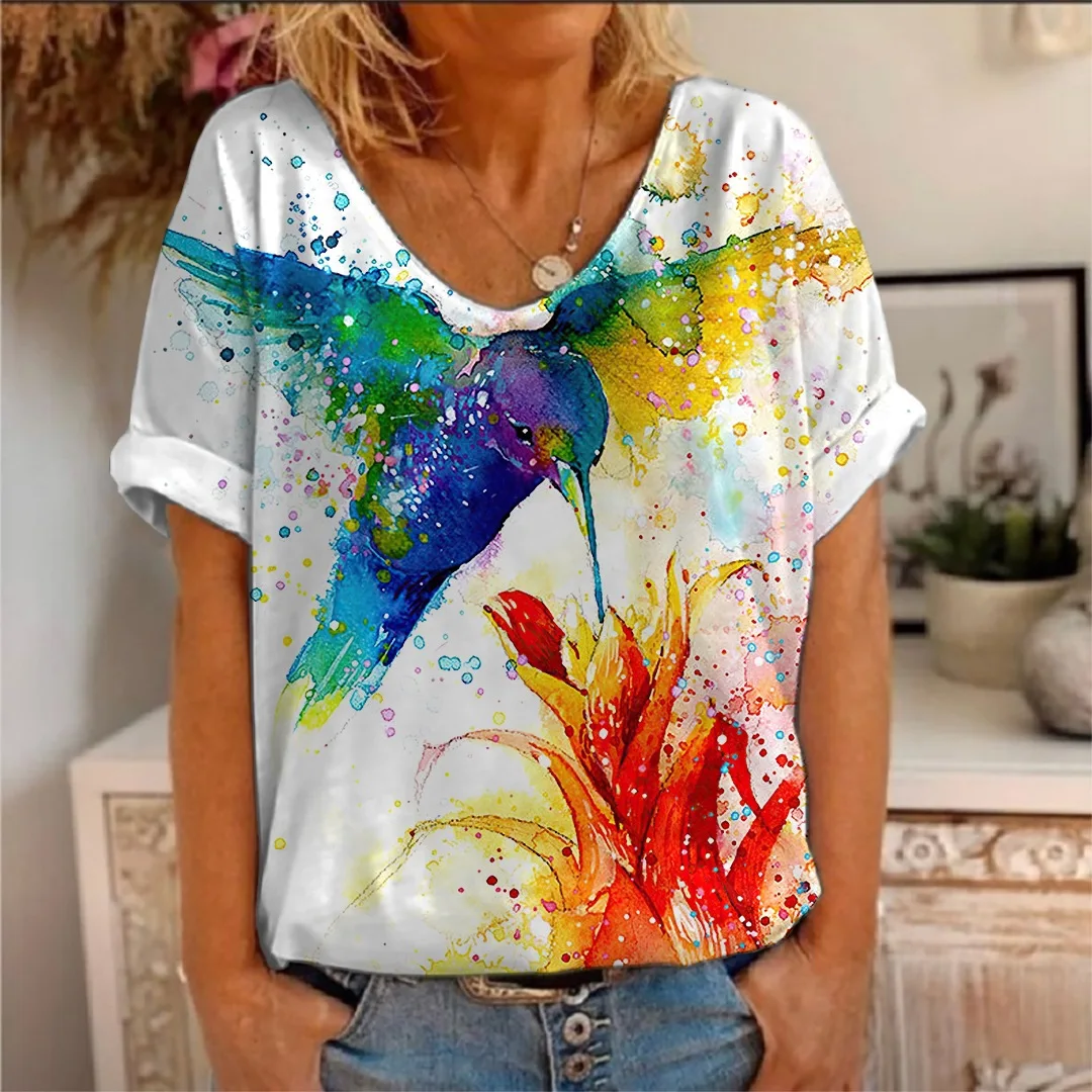 Top Trends: Fashion Hummingbird 3D Print Animal T-Shirt Women V-Neck T Shirts Streetwear Female Tees Harajuku Y2k Sexy Girls Tops 2023 Shoppable Styles