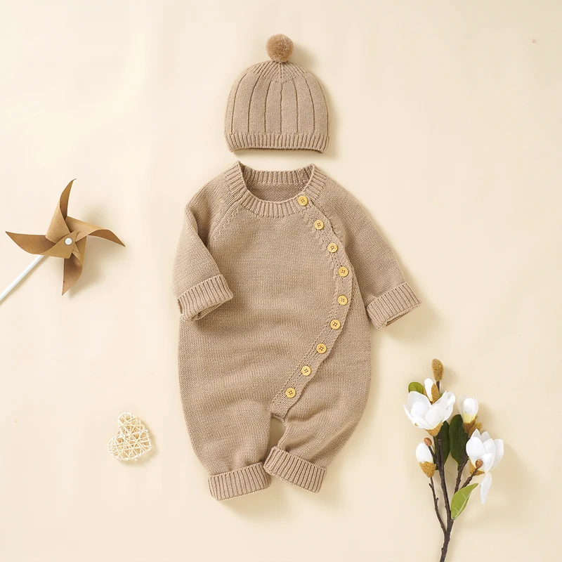 Top Trends: Baby Girls Rompers Clothes Autumn Solid Long Sleeve Knitted Newborn Infant Boys Onesie Hats Outfits Toddler Children Jumpsuits Shoppable Styles