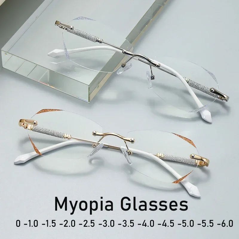 Top Trends: Finished Prescription Nearsighted Glasses Blue Light Blocking Women Men Diamond Cutting Minus Eyeglasses Rimless Myopia Glasses Shoppable Styles - Image 2