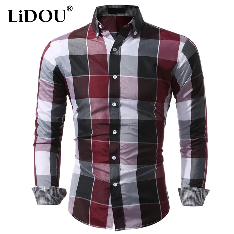 Top Trends: 2023 Spring Autumn New Fashion Turn-down Collar Contrast Color Plaid Long Sleeve Shirt Man Office Button All-match Cardigan Shoppable Styles