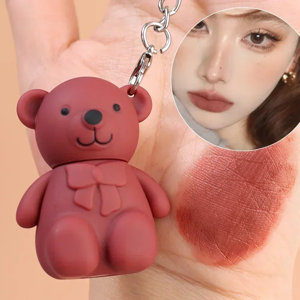 Top Trends: Cute Bear Keychain Lip Mud Matte Velvet Mousse Grey Pink Lipstick Waterproof Long Lasting Non-Stick Cup LipGloss Korean Cosmetic Shoppable Styles - Image 2