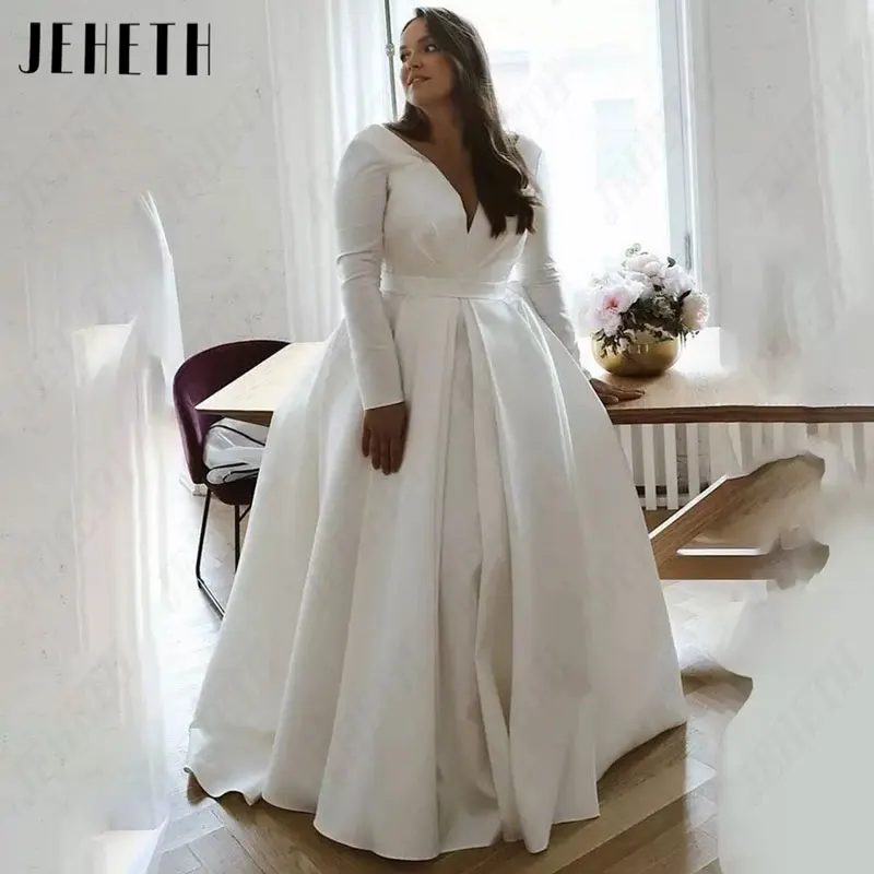 Top Trends: JEHETH Full Sleeves V-Neck Wedding Dresses Plus Size Simple A-Line Satin Bridal Gowns For Woman Sexy Classic Vestido De Mariages Shoppable Styles