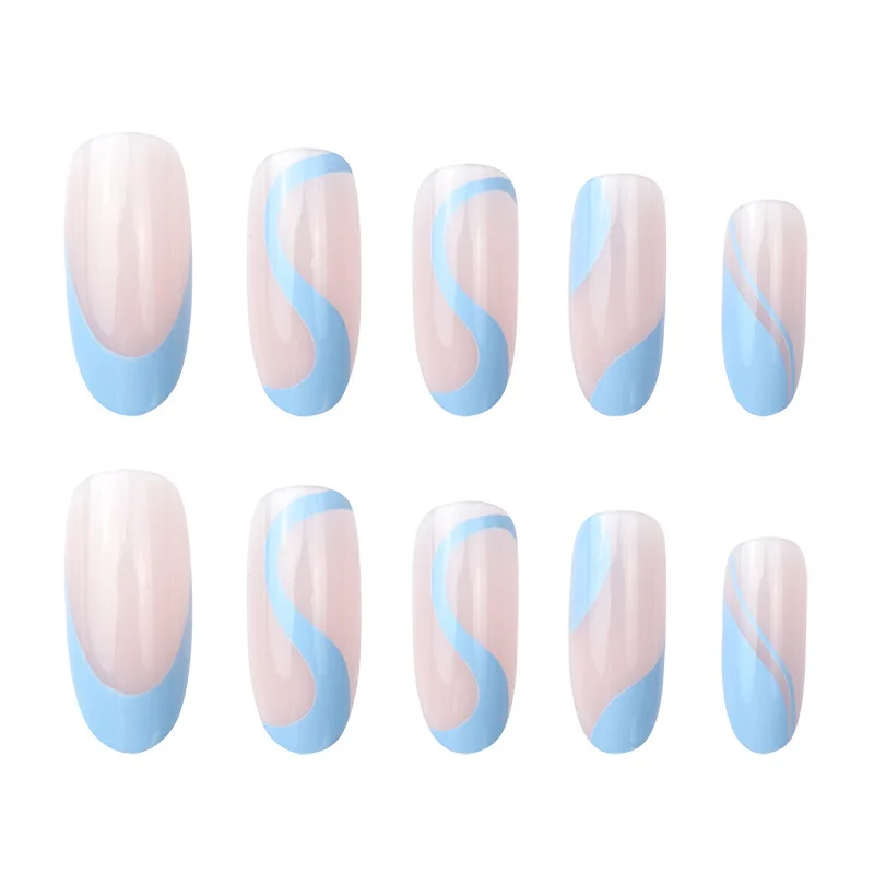 Top Trends: 24Pcs Long Round Head Press On Nail Art Seamless Removable Fake Nails With Glue Ballet Coffin Wearing Blue Reusable False Nails Shoppable Styles - Image 3