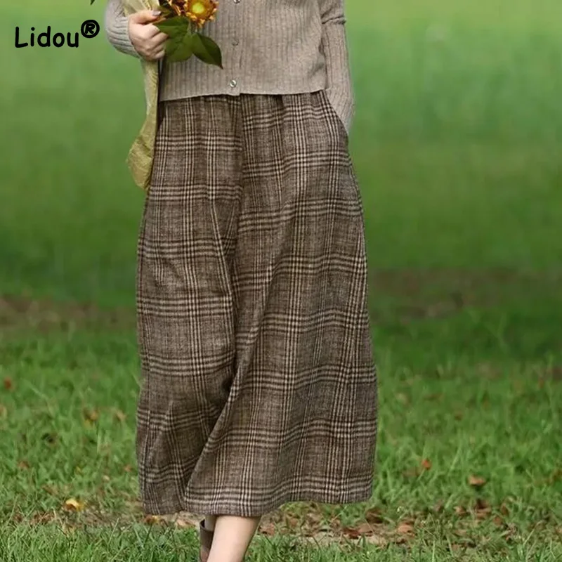 Top Trends: Autumn Winter Fashion Korean Thicken Wool Pockets Vintage Plaid Printing Elastic Waist Casual Nine Points Wide Leg Pants Female Shoppable Styles