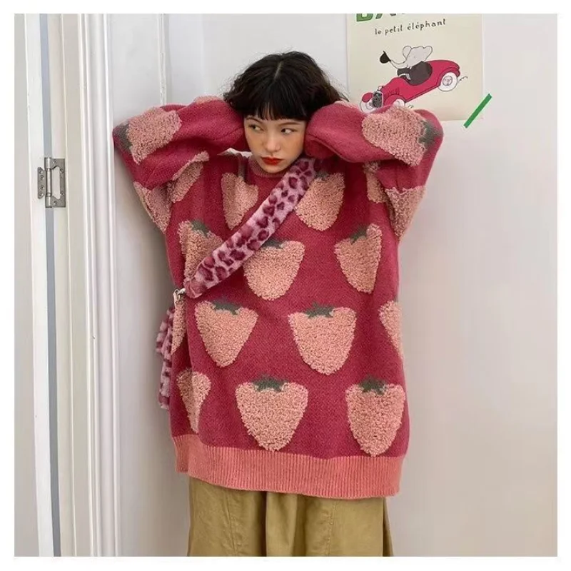 Top Trends: Deeptown Japanese Kawaii Pink Sweater Women Harajuku Fashion Knitted Jumper Korean Style Knitwear Strawberry Oversized Pullover Shoppable Styles