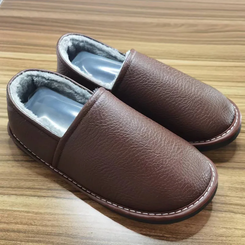 Top Trends: Warm Plush Indoor Slippers Unisex Plus Size 47 / 48 Leather Furry Slides Men&#039;s Waterproof Home Slippers Women Cotton Winter Shoes Shoppable Styles