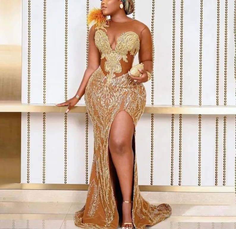 Top Trends: Gold African American Prom Dresses Mermaid Long Sleeves Lace Beaded Black Girls Nigeria Robe De Soiree Evening Dress Gown Shoppable Styles