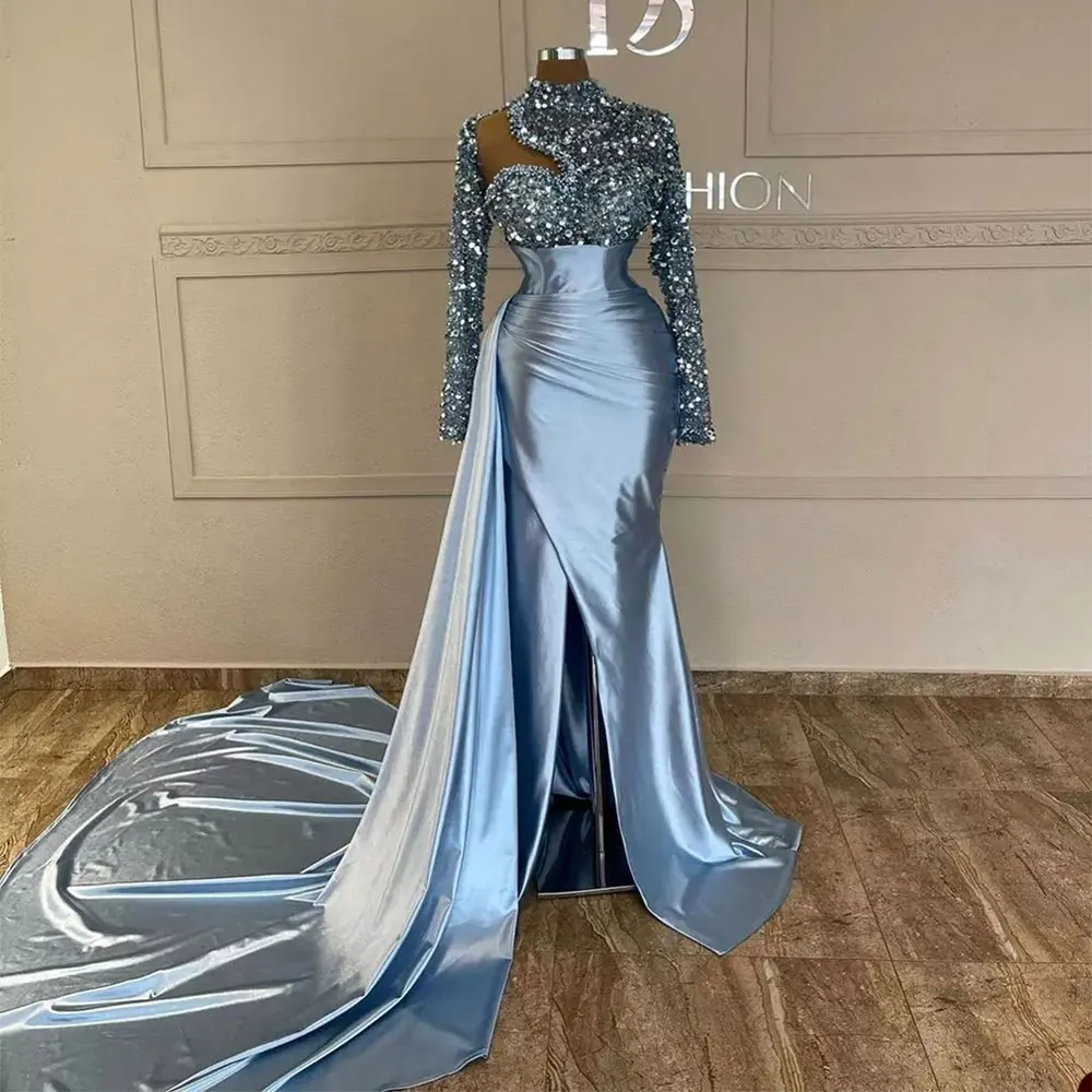 Top Trends: Shiny Sequined Mermaid Evening Dresses Women High Neck Shoulder Party Gown Hollowed Out Side Train Full Sleeve African Gala Robe Shoppable Styles - Image 2