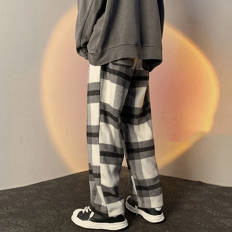 Top Trends: Spring Autumn Vintage Plaid Korean Casual Wide Leg Pants Man Woolen Streetwear Straight Fashion Loose Trousers Pantalon Homme Shoppable Styles - Image 2