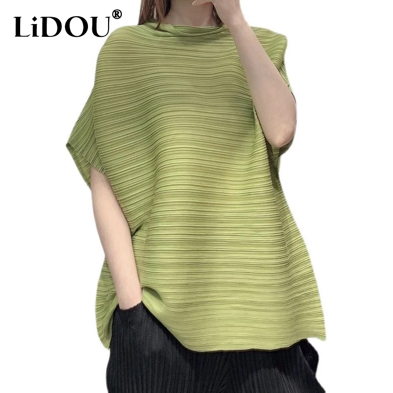 Top Trends: 2023 Summer New Women's Clothing Stand Collar Solid Color Pleated Batwing Sleeve Pullovers Tops Women Comfortable Loose T-shirt Shoppable Styles