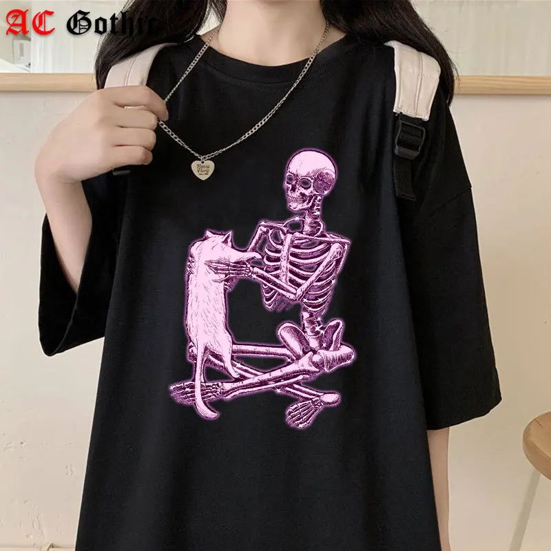 Top Trends: Oversized T Shirt Women Gothic Streetwear Tops Skull Cat Print T-shirt Ulzzang Hip Hop Punk Harajuku Casual Loose Women's Top Shoppable Styles