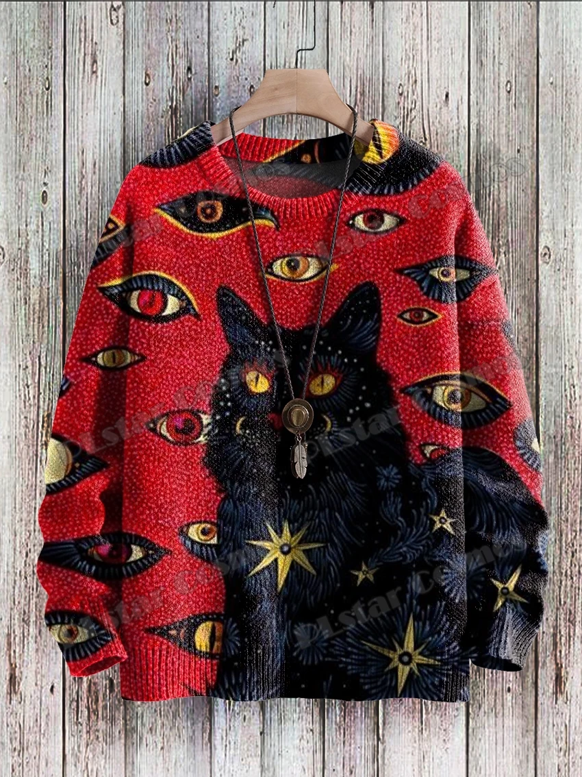 Top Trends: Retro Black Cat Eyes Art Pattern 3D Printed Men's Crewneck Knitted Pullover Winter Unisex Casual Knit Pullover Sweater ZZM46 Shoppable Styles