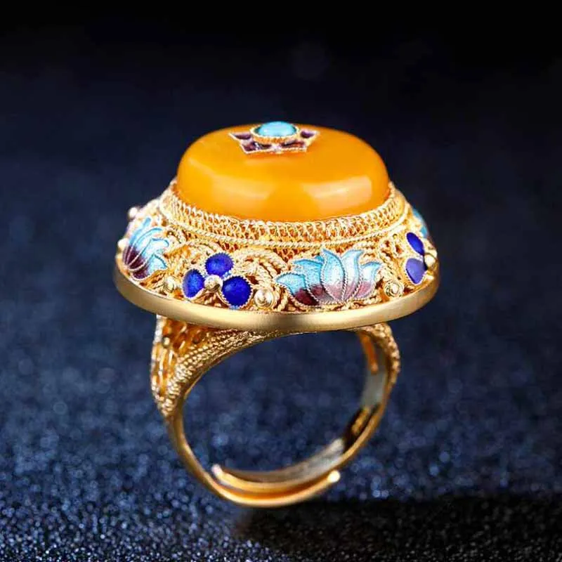 Top Trends: Ancient Gold Craftsmanship Natural Yellow Chalcedony Lotus Enamel Porcelain Rings For Women Palace Style Luxury Dinner Jewelry Shoppable Styles