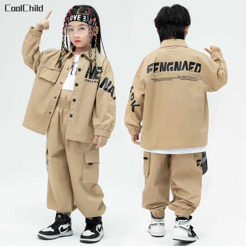 Top Trends: Boys Street Dance Loose Jacket Khaki Cargo Pants Girls Hip Hop Shirt Clothes Sets Child Joggers Kids Streetwear Jazz Costumes Shoppable Styles