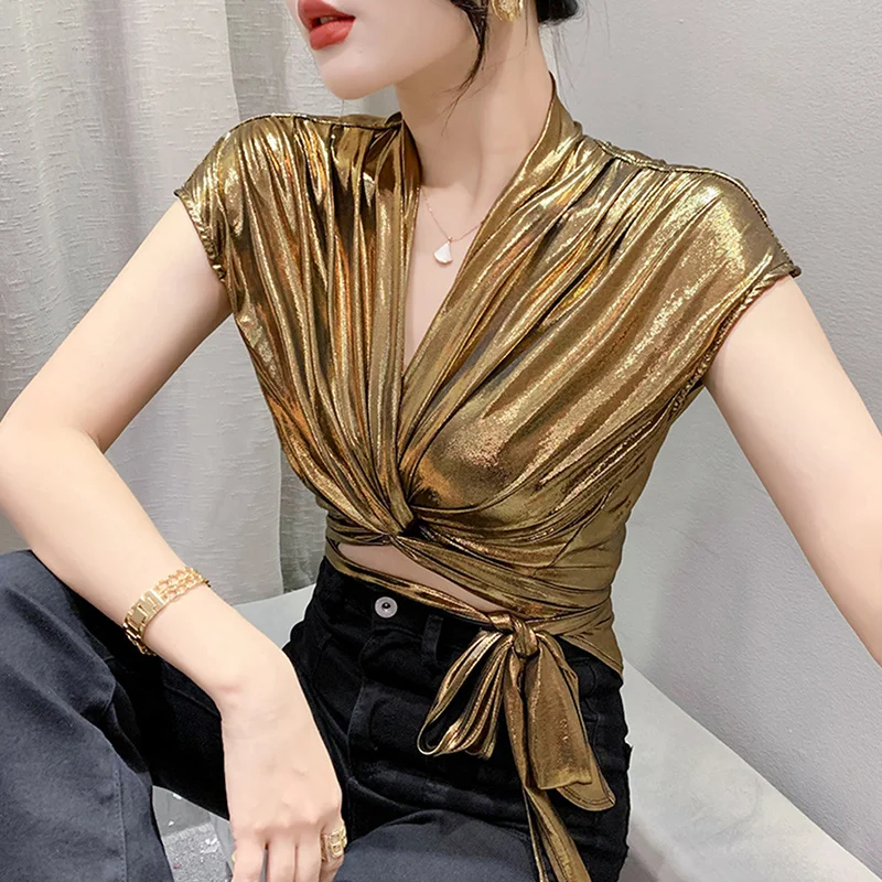 Top Trends: #6872 Gold Silver Green Shinny Sleeveless T Shirt Women Sexy Streetwear Sexy Irregular Short Wrap T-shirt Female Bandage Summer Shoppable Styles