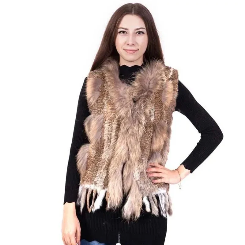 Top Trends: 2021 Fashion Real Rabbit Fur Tassel Vest High-end Women Knitted Sleeveless Vests Natural Raccoon Fur Collar Fur Jacket Shoppable Styles