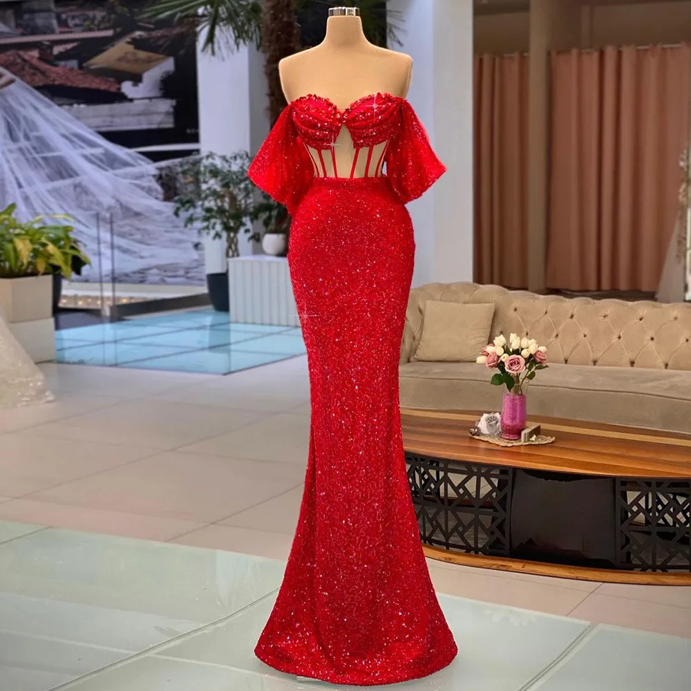 Top Trends: Sexy Red Off The Shoulder Evening Dresses Illusion Bodice Ruched Sweetheart Glitter Sequins Mermaid Formal Party Long Prom Gowns Shoppable Styles